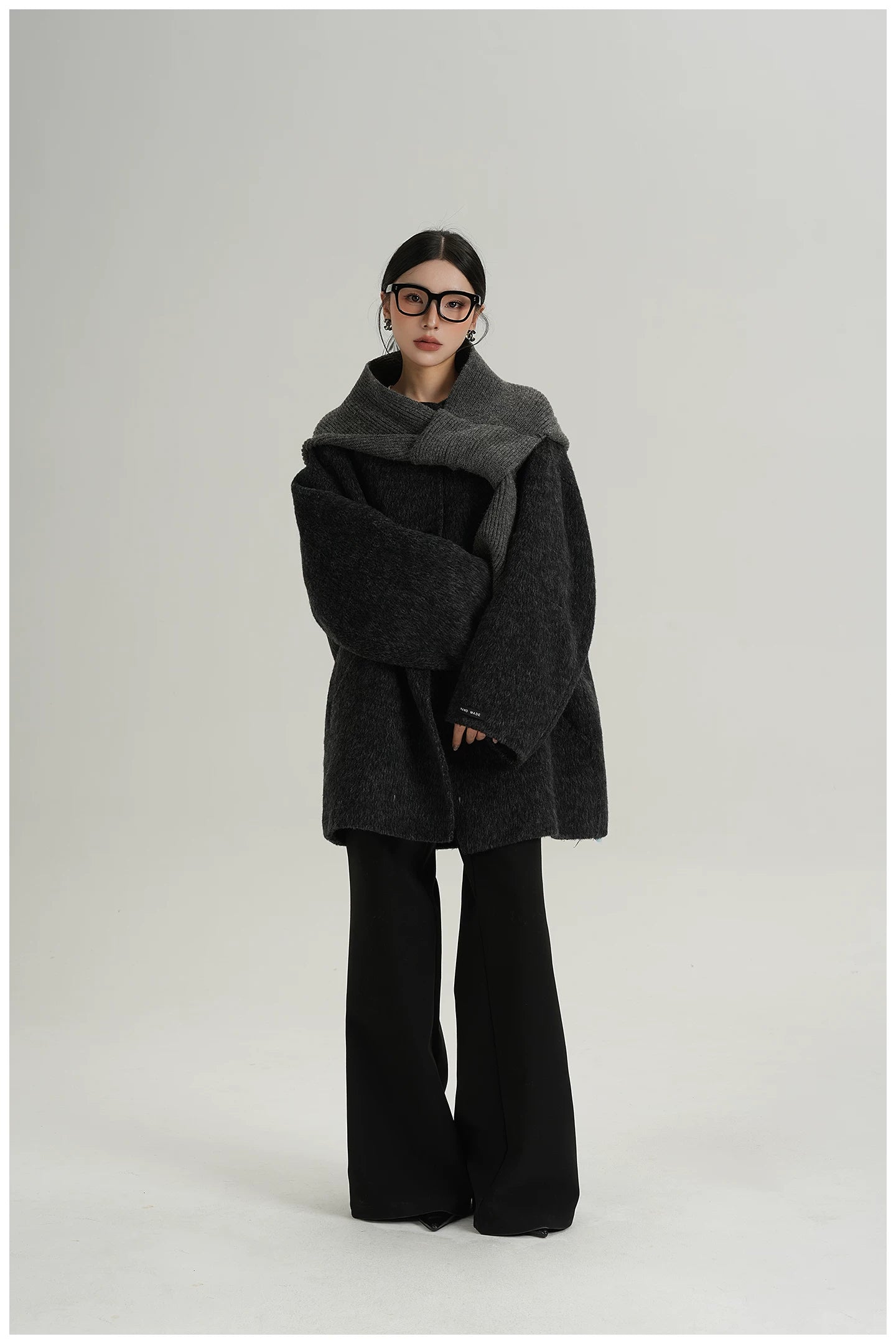 Knitted Hooded Scarf Mid-Length Wool Coat