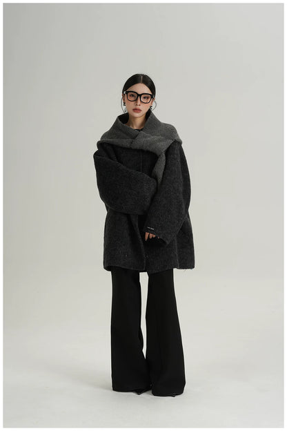 Knitted Hooded Scarf Mid-Length Wool Coat