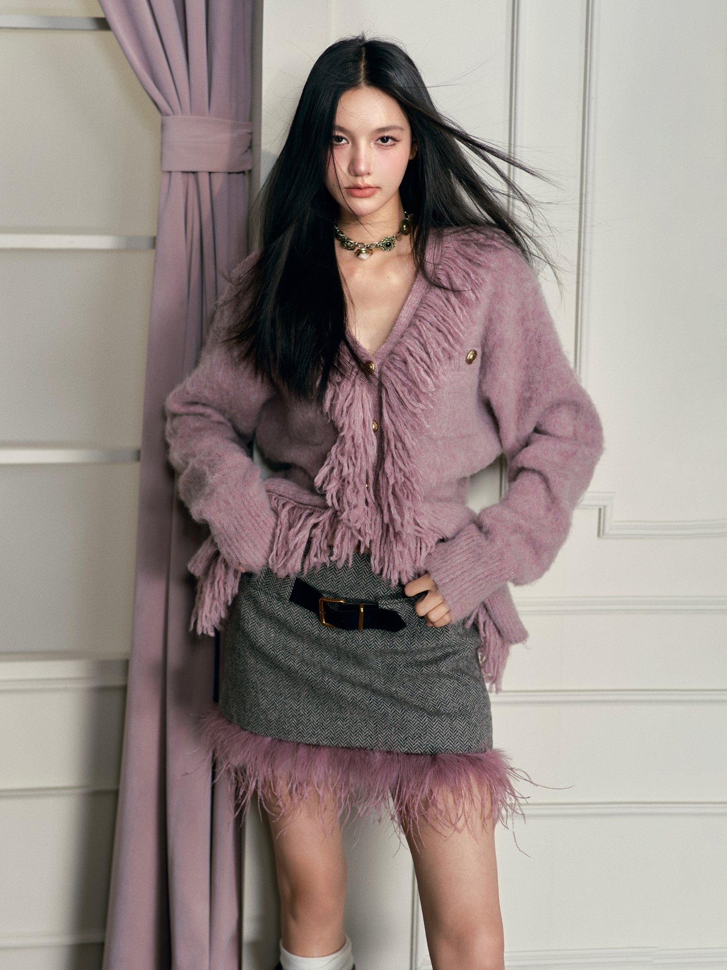 Wool Knit Cardigan &amp; Fringe Skirt Set - CHINASQUAD
