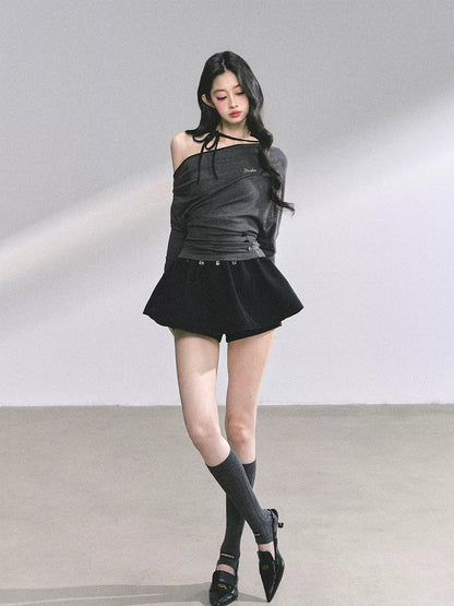 Off-Shoulder Halter Long-Sleeve T-Shirt