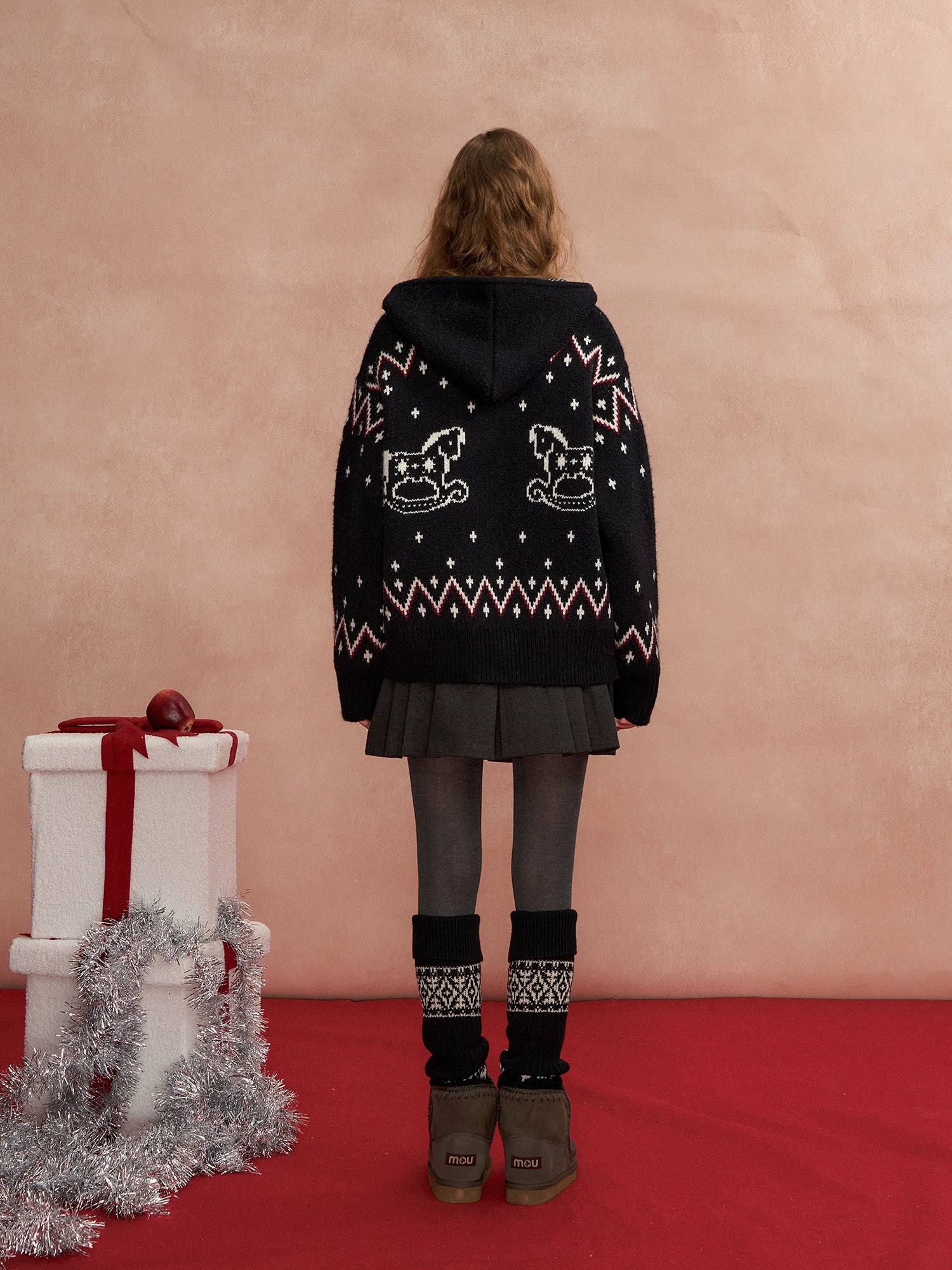 Fair Isle Horse-Pattern Hooded Cardigan