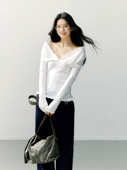 Off-Shoulder Ruffle Trim Fitted Knit Base Layer