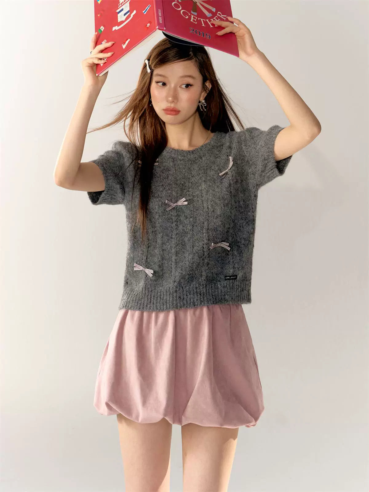 Bow Puff Sleeve Knit T-Shirt