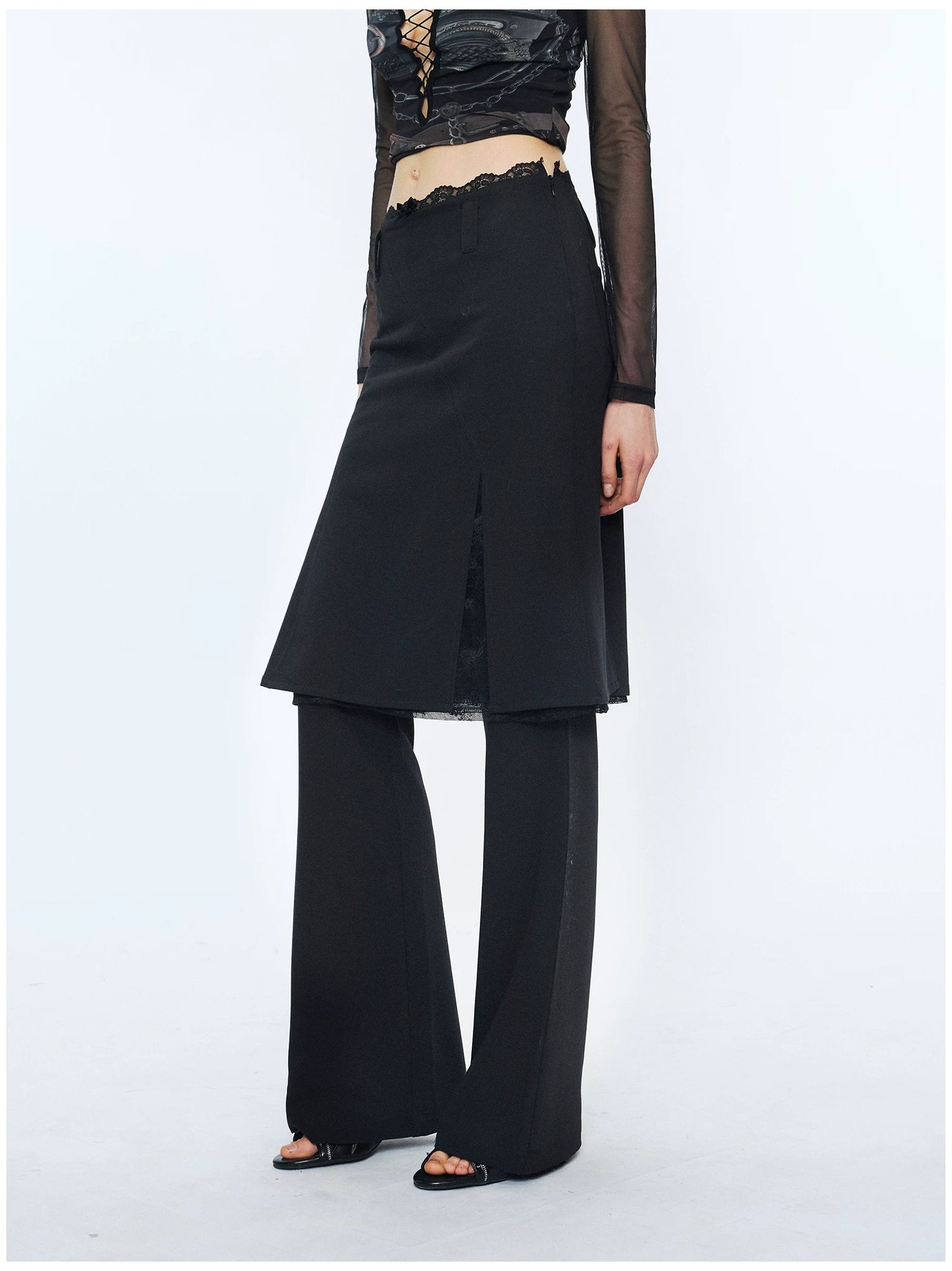 Lace Waist Bow Flared Skirt Pants
