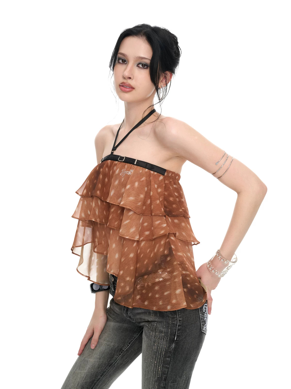 Fawn Print Asymmetric Chiffon Halter Backless Layered Blouse