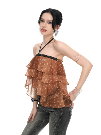 Fawn Print Asymmetric Chiffon Halter Backless Layered Blouse