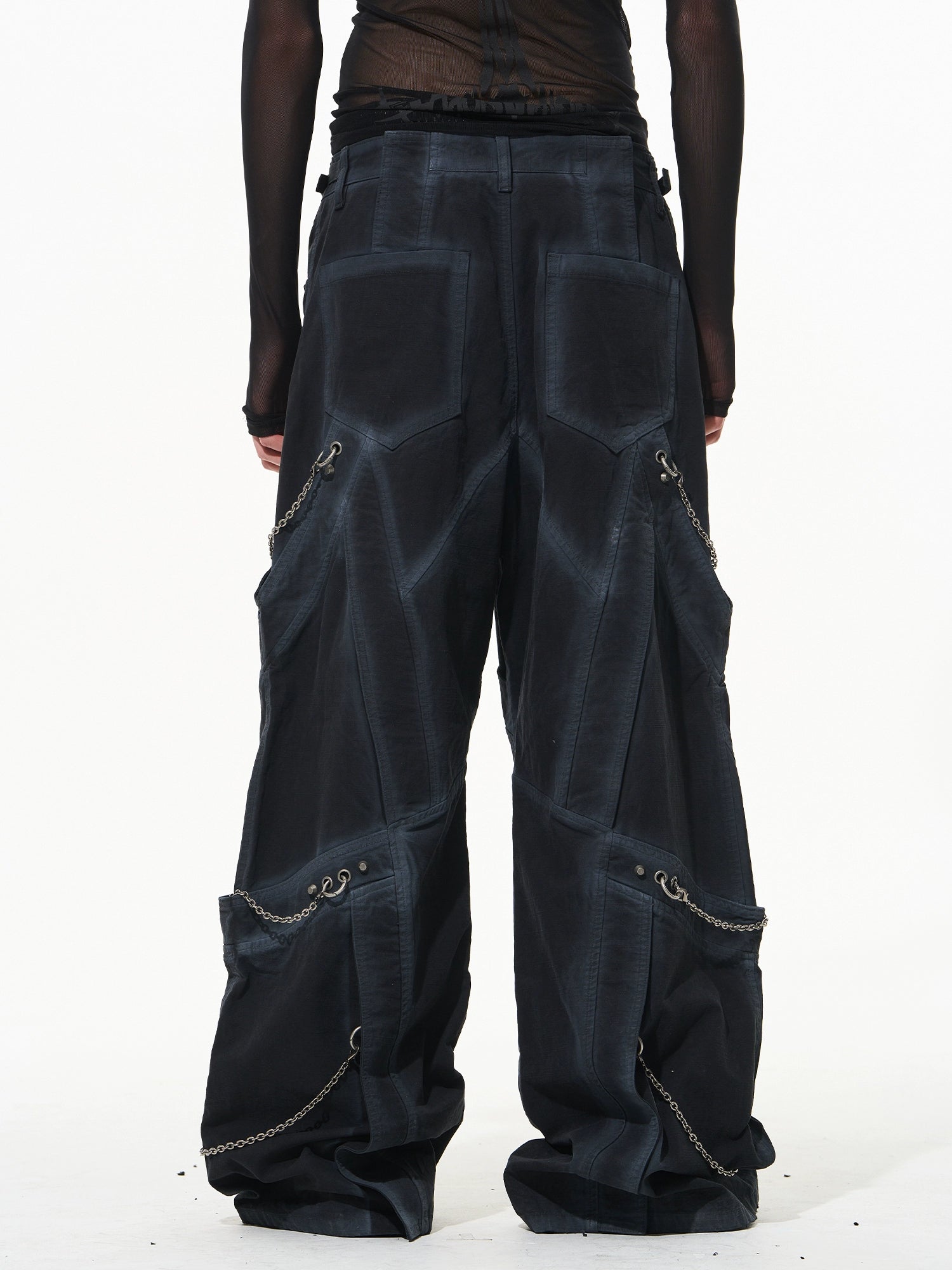 Black Chain-Decorated Washed Cargo Pants