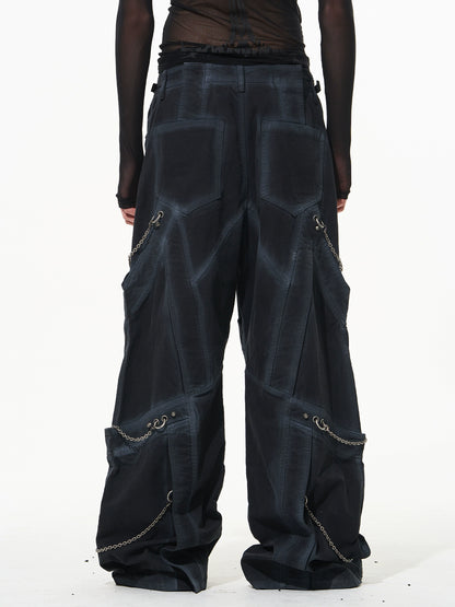 Black Chain-Decorated Washed Cargo Pants