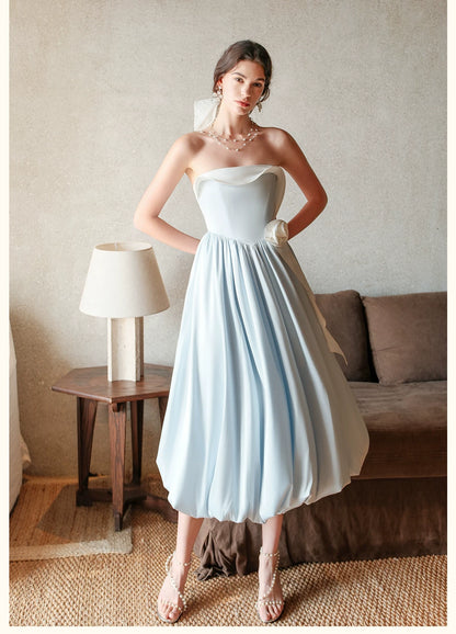 Satin Floral Bubble Hem Strapless Dress