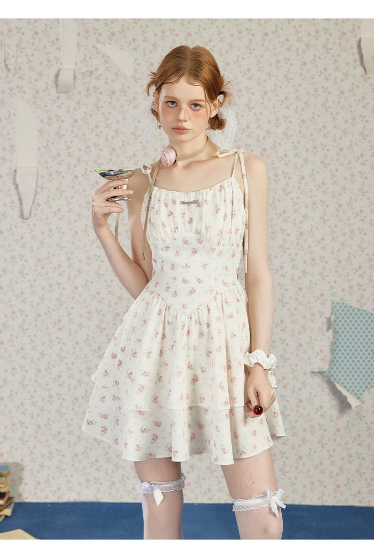 White Floral Spaghetti Strap Dress