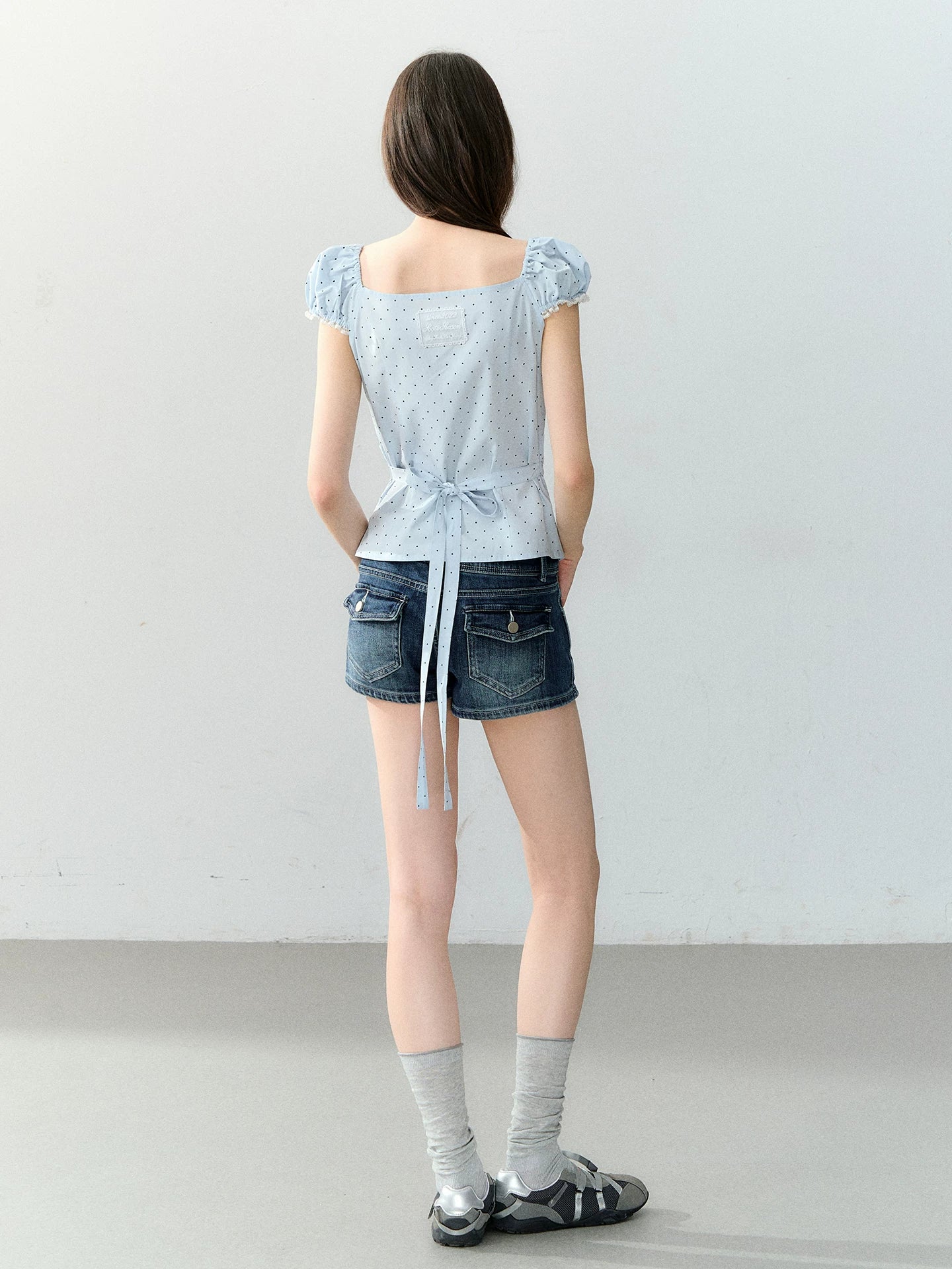Polka Dot Lace Tie Waist Blouse