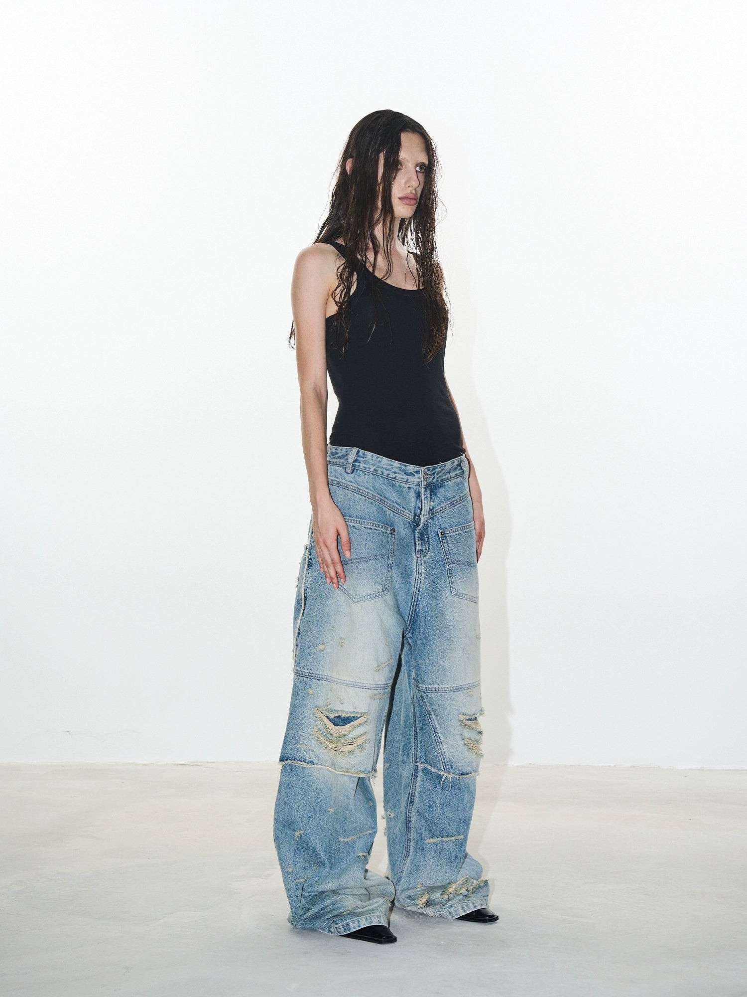 Double-Layer Distressed Washed Denim Pants