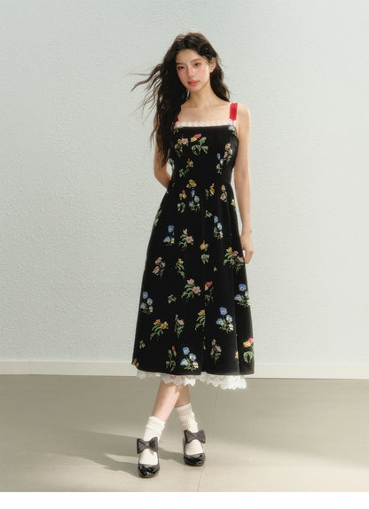 Lace Floral Spaghetti Strap Dress - CHINASQUAD