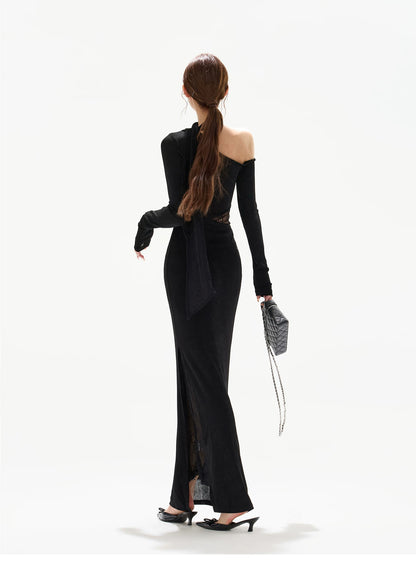 Asymmetric One-Shoulder Knit Evening Dress