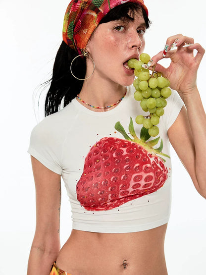 Rhinestone Embellished Fitted Fruit Printed Crop Top - CHINASQUAD