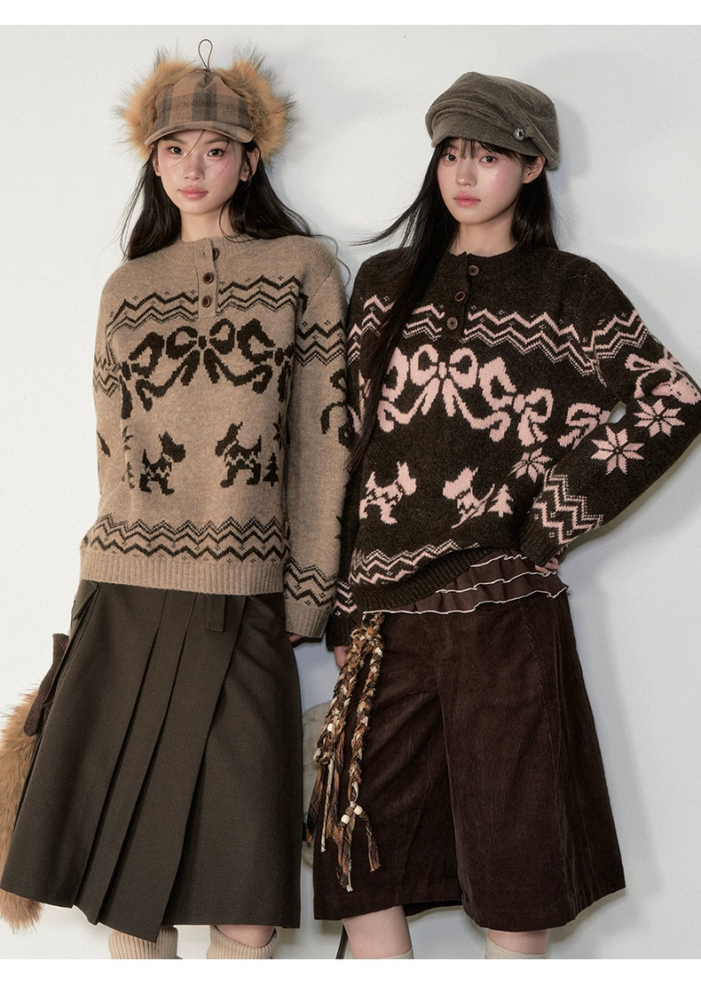 Fair Isle Bow Knit Henley Crewneck