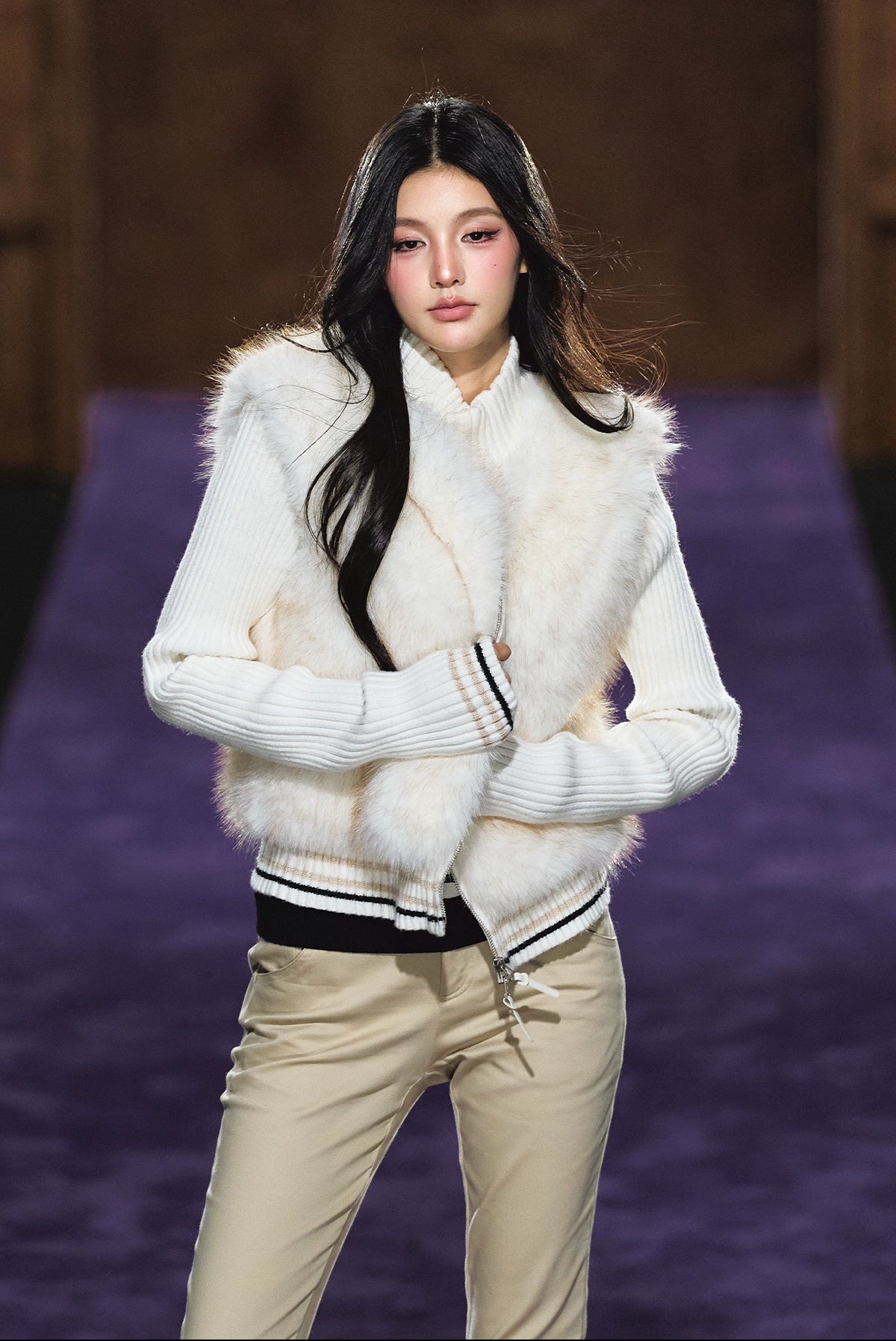 Faux Fur Knit-Panel Two-in-One Cardigan