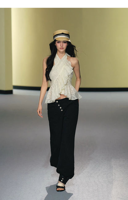 Asymmetric Placket Straight-Leg Denim Trousers
