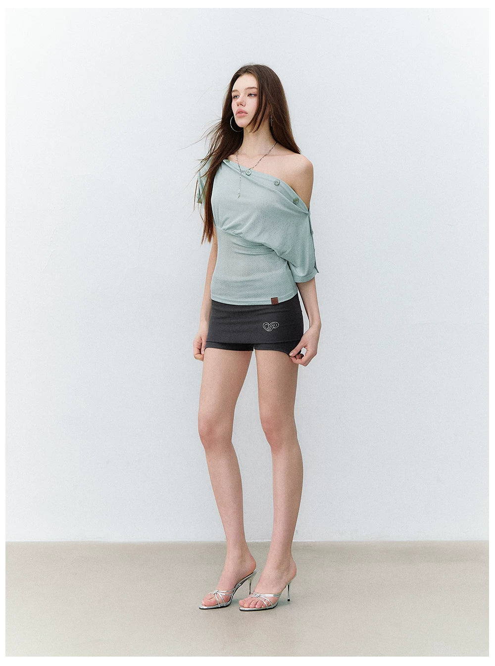 Asymmetric Button-Detail Off-Shoulder Top