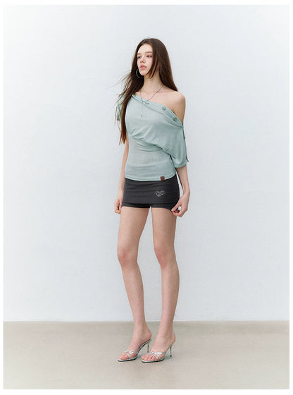 Asymmetric Button-Detail Off-Shoulder Top