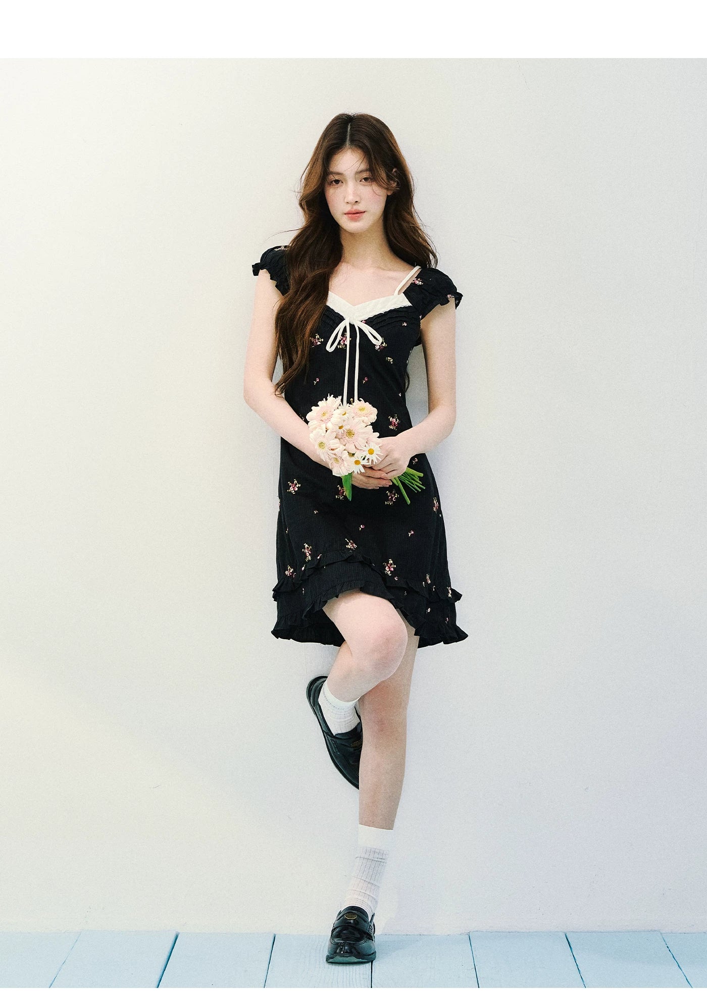 Vintage Floral Layered Square-Neck Dress