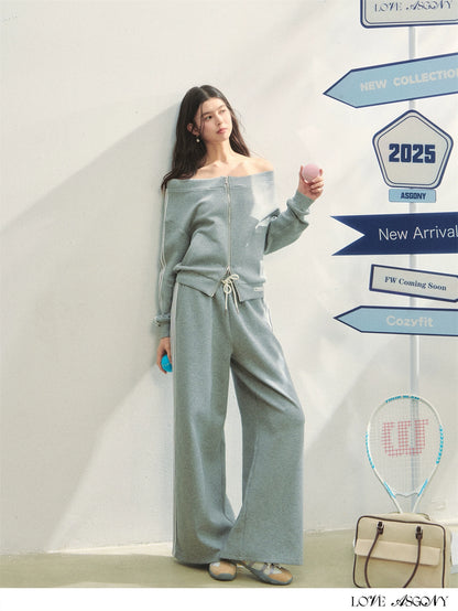 Off-Shoulder Zip-up Sweatshirt &amp; Pants Set - CHINASQUAD