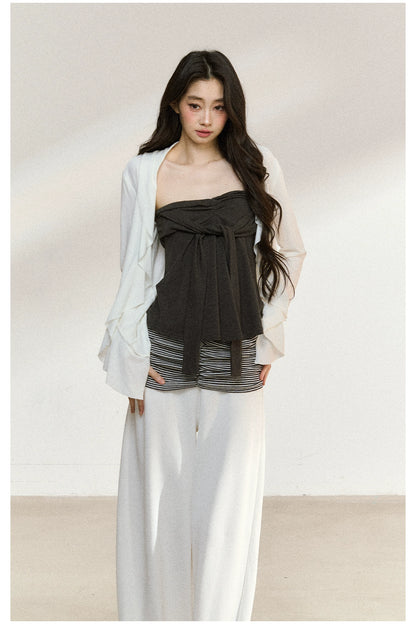 Layered Ruffle-Edge Cardigan &amp; Tube Top Set