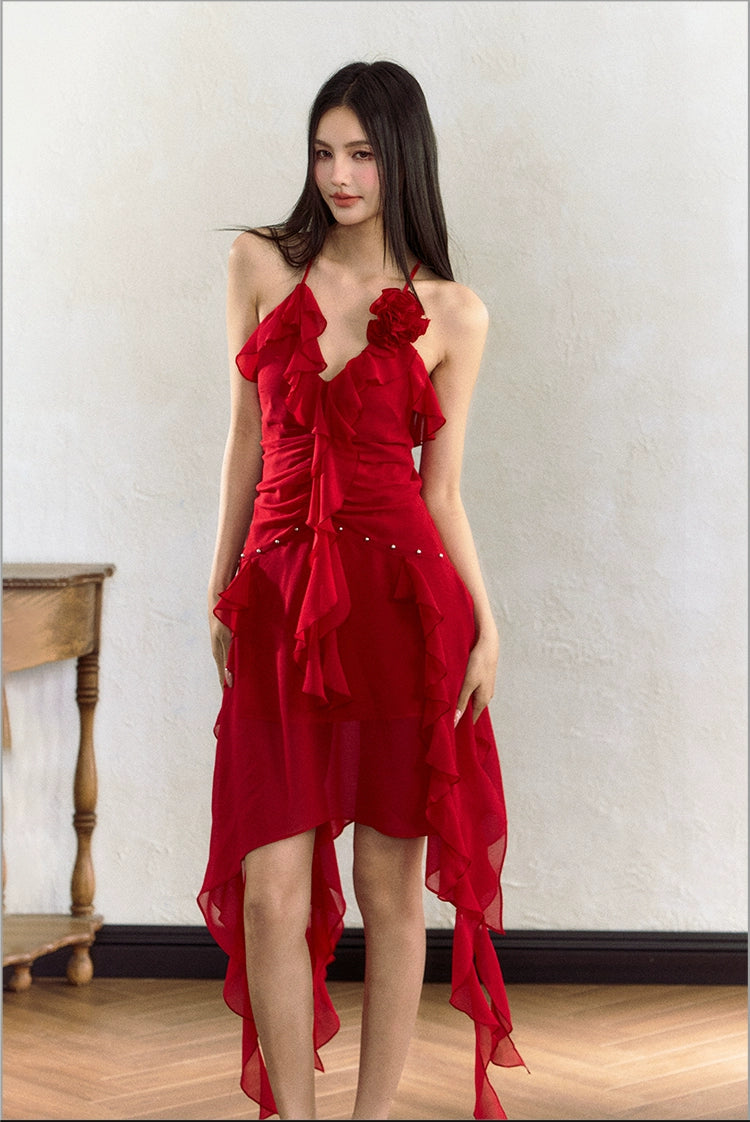 Rose Ruffle Trim Sling Dress - CHINASQUAD
