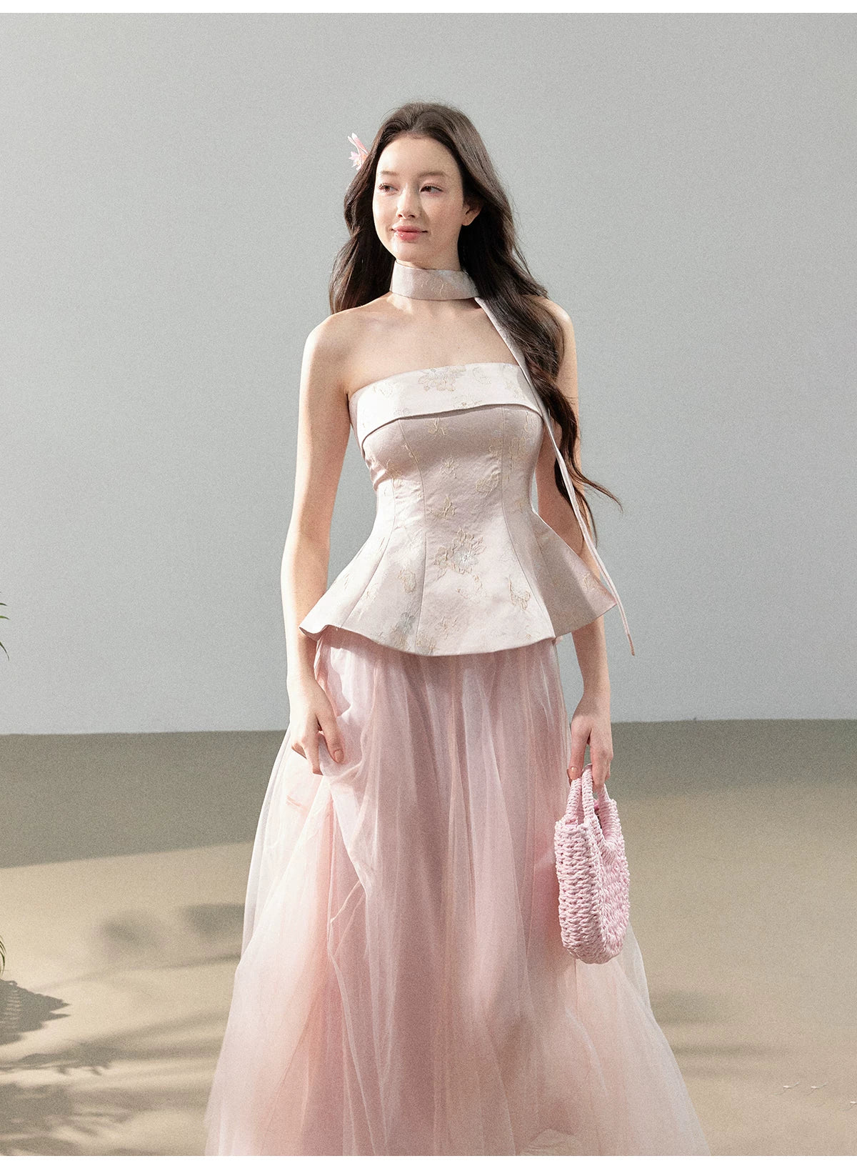 Floral Jacquard Corset Top &amp; Sheer Mesh Skirt Set
