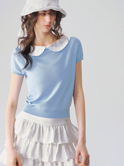 Peter Pan Collar Contrast Knit Short Sleeve Top