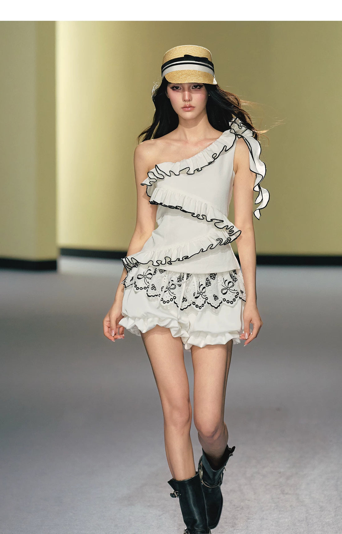 Asymmetric Rose-Trim Layered Top &amp; Puff Bloomers Set