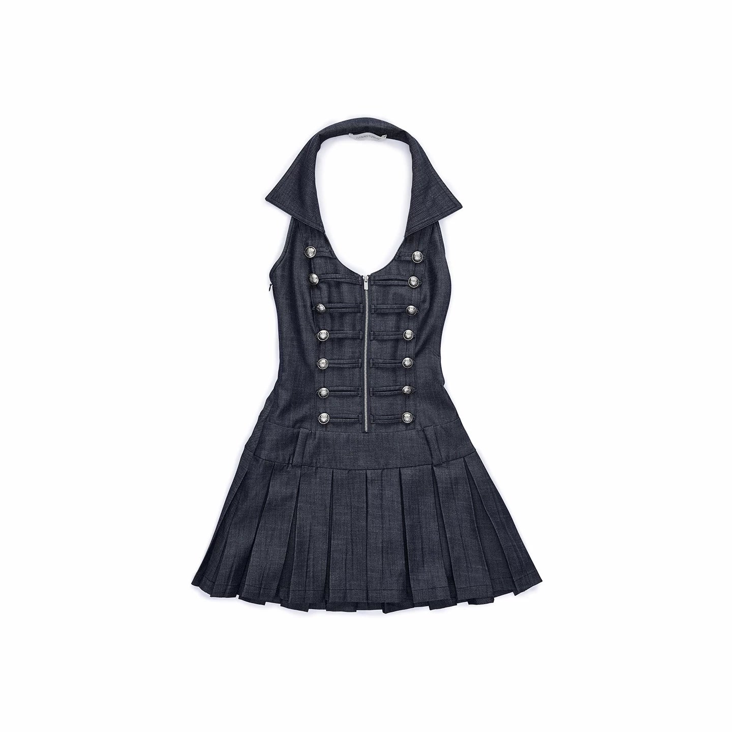 Court-Style Double-Breasted Open-Back Pleated Dress