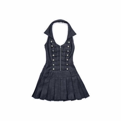 Court-Style Double-Breasted Open-Back Pleated Dress