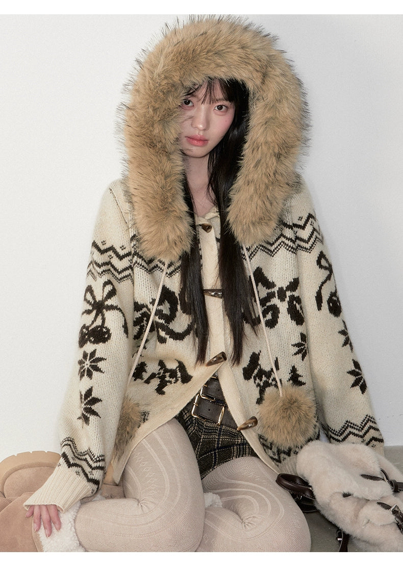 Fair Isle Fur Collar Toggle Buttons Knit Coat