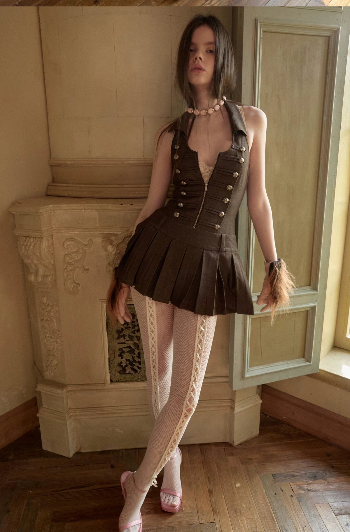 Court-Style Double-Breasted Open-Back Pleated Dress