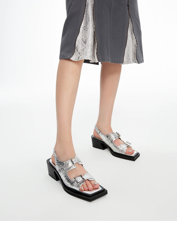 Double-Buckle Diagonal Chunky Sandals - CHINASQUAD