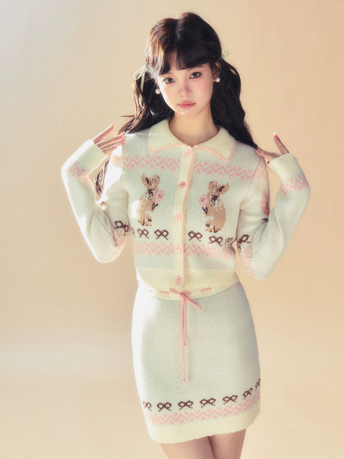 Pink Knit Cardigan &amp; Mini Skirt Set - CHINASQUAD