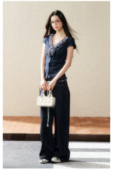 Navy Lace-Trim Knit Blouse - CHINASQUAD