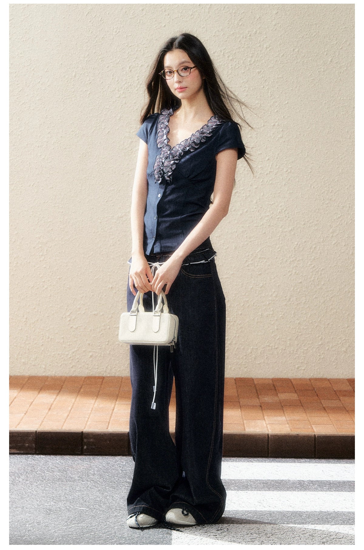 Navy Lace-Trim Knit Blouse - CHINASQUAD