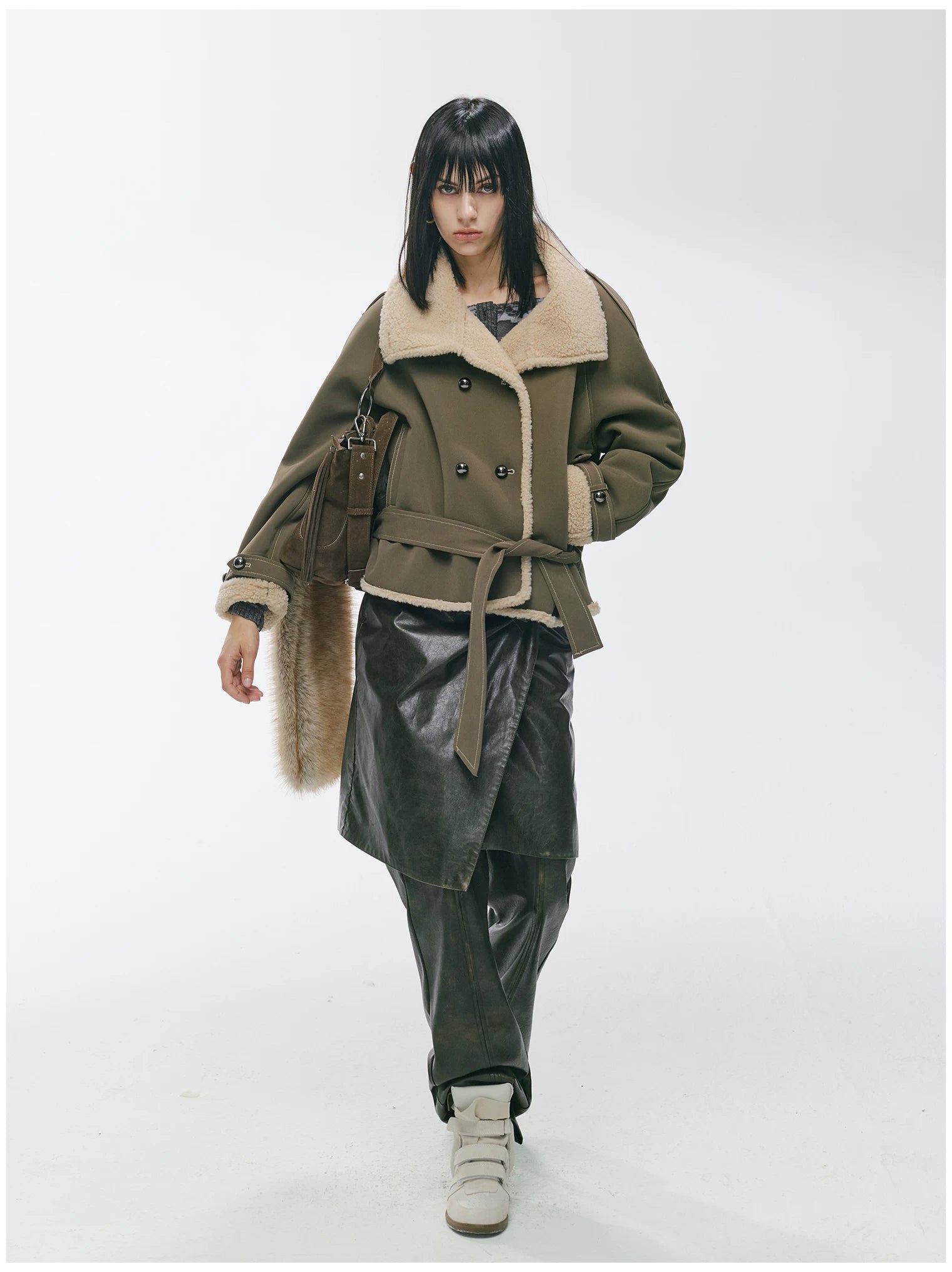 Contrast Fleece-Panelled Shearling Short Coat