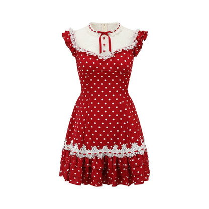 Red Sweet Collegiate Polka Dot Lace Dress