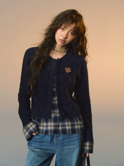 Layered Plaid Patchwork Cable Knit Cardigan