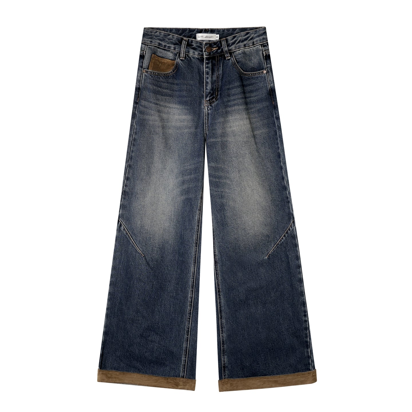 Suede-Panel Washed Denim Wide-Leg Jeans