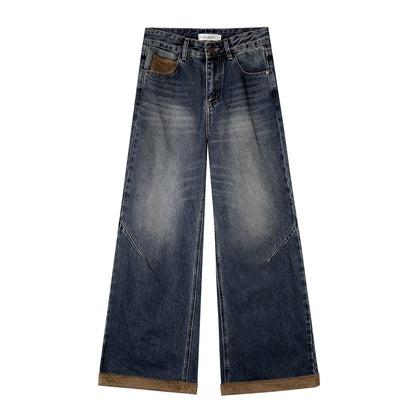 Suede-Panel Washed Denim Wide-Leg Jeans