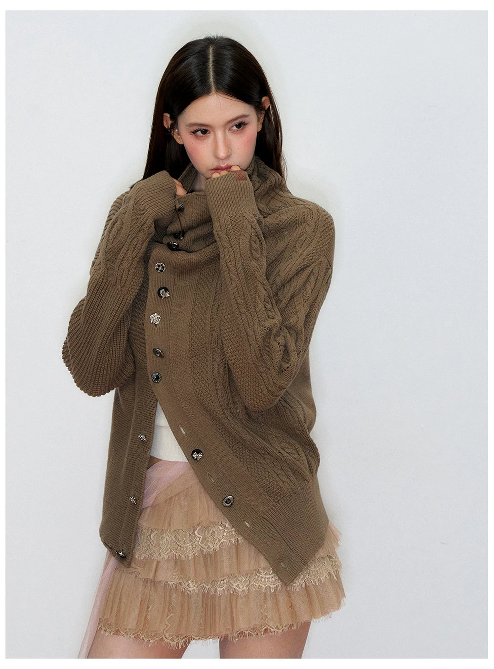Oversized Collar Asymmetric Knit Sweater Jacket