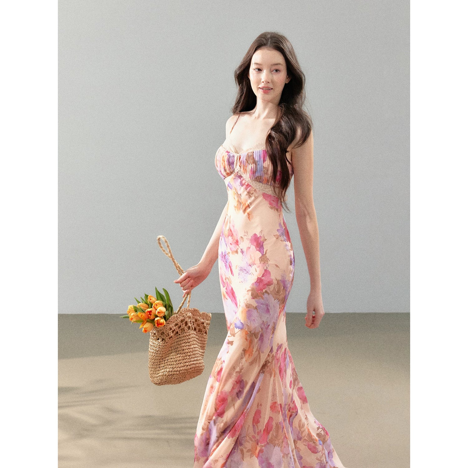 Dreamlike Summer Floral Chiffon Mermaid Slip Maxi Dress