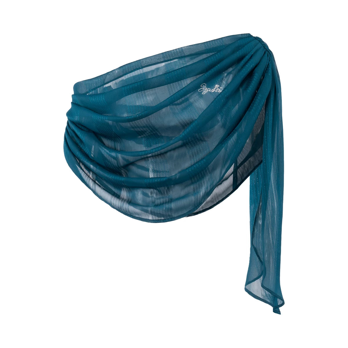 Peacock Blue Draped Off-Shoulder Sheer Chiffon Blouse