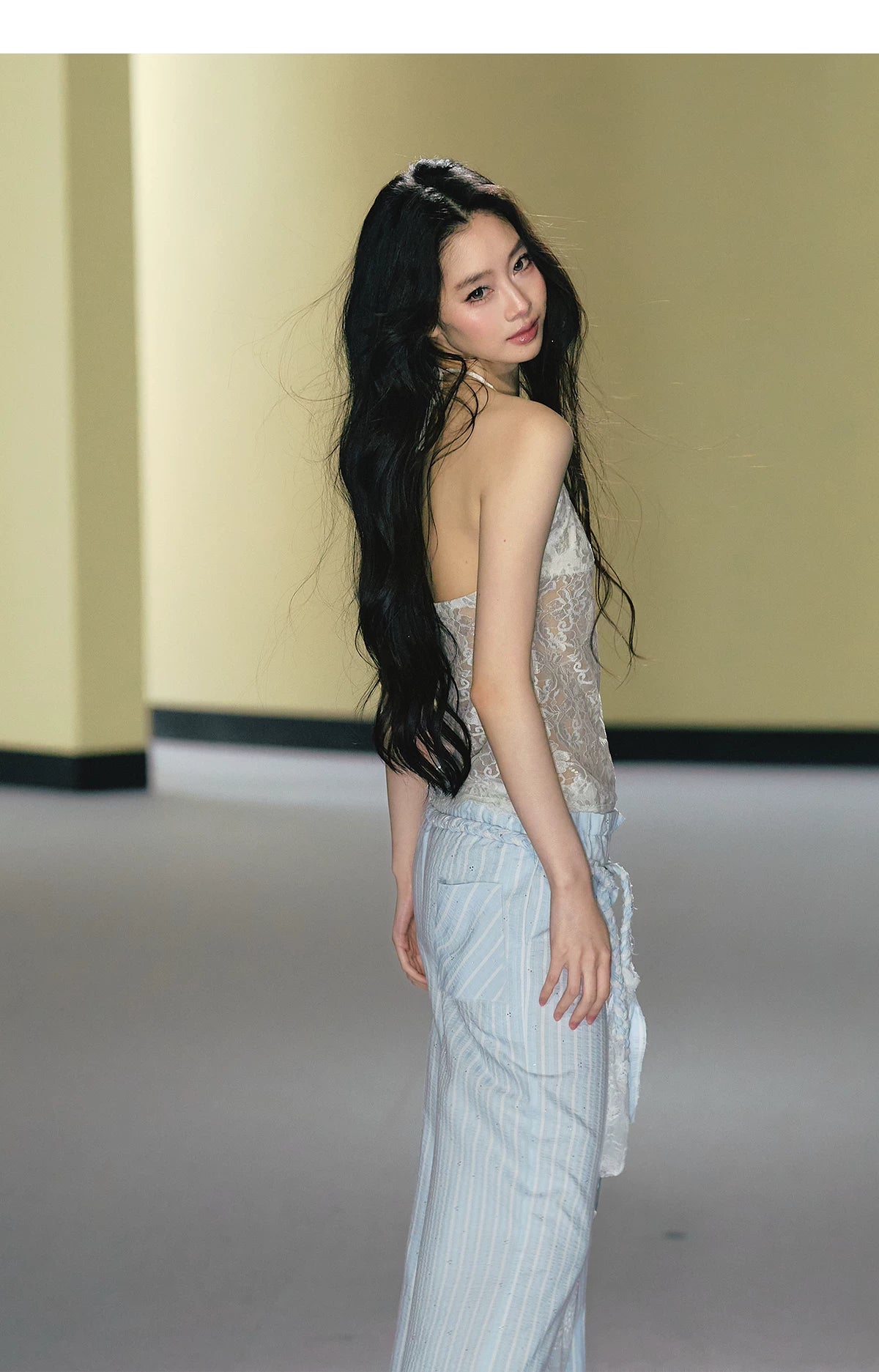 Hand-Braided Drawstring Striped Wide-Leg Trousers