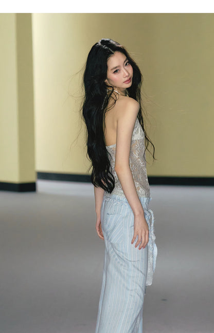 Hand-Braided Drawstring Striped Wide-Leg Trousers