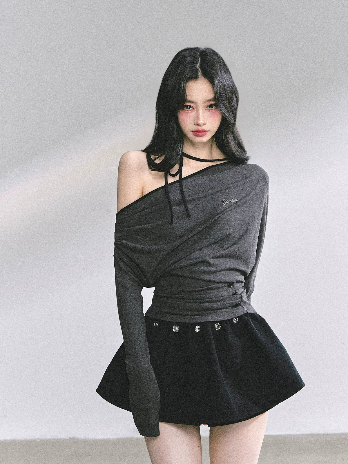 Off-Shoulder Halter Long-Sleeve T-Shirt